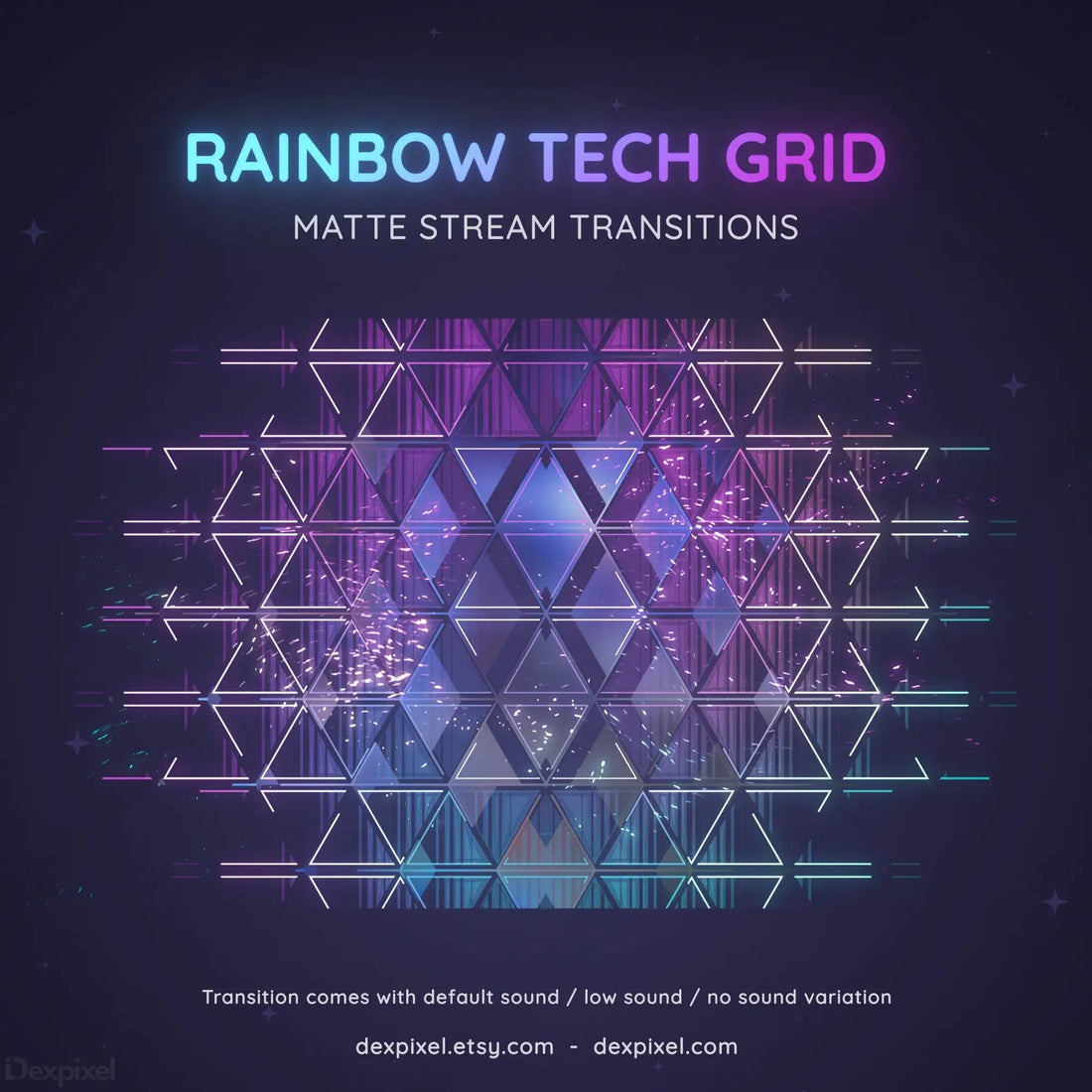 Geometric grid pattern with rainbow gradient colors and tech-style line elements.