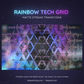 Geometric grid pattern with rainbow-colored tech aesthetic and triangular elements.