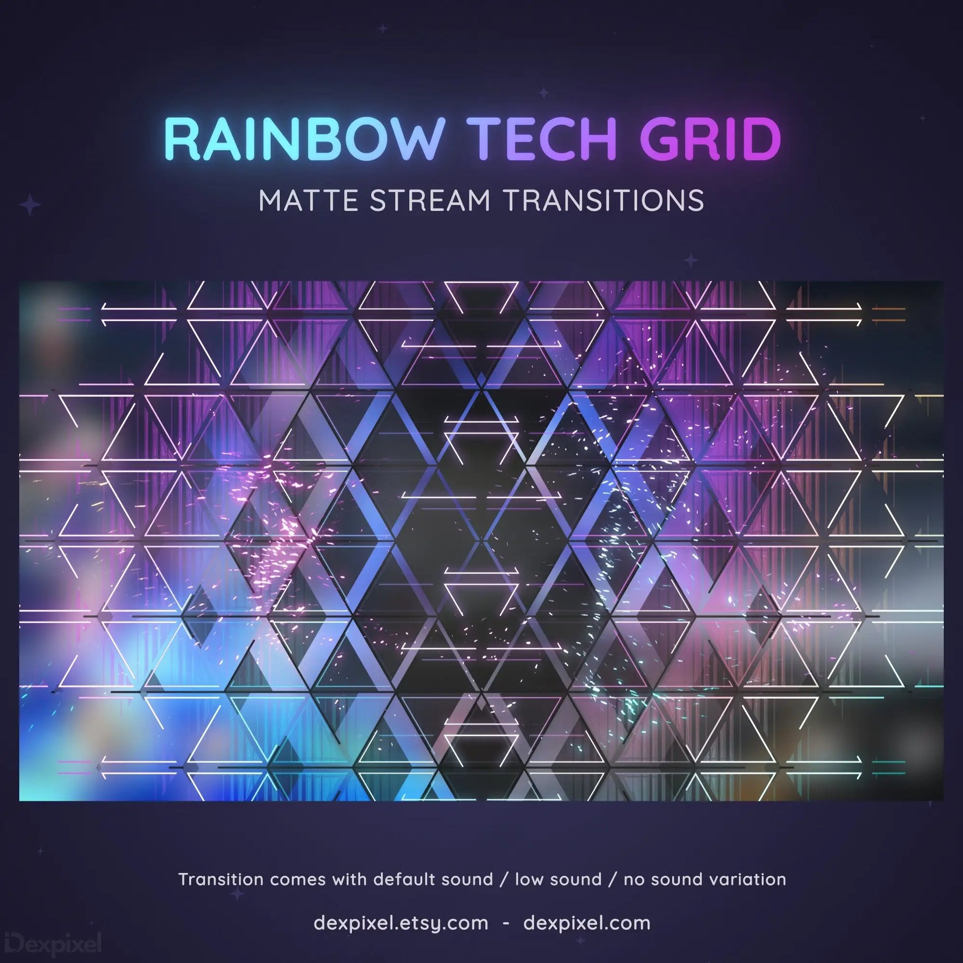 Geometric grid pattern with rainbow-colored tech aesthetic and triangular elements.