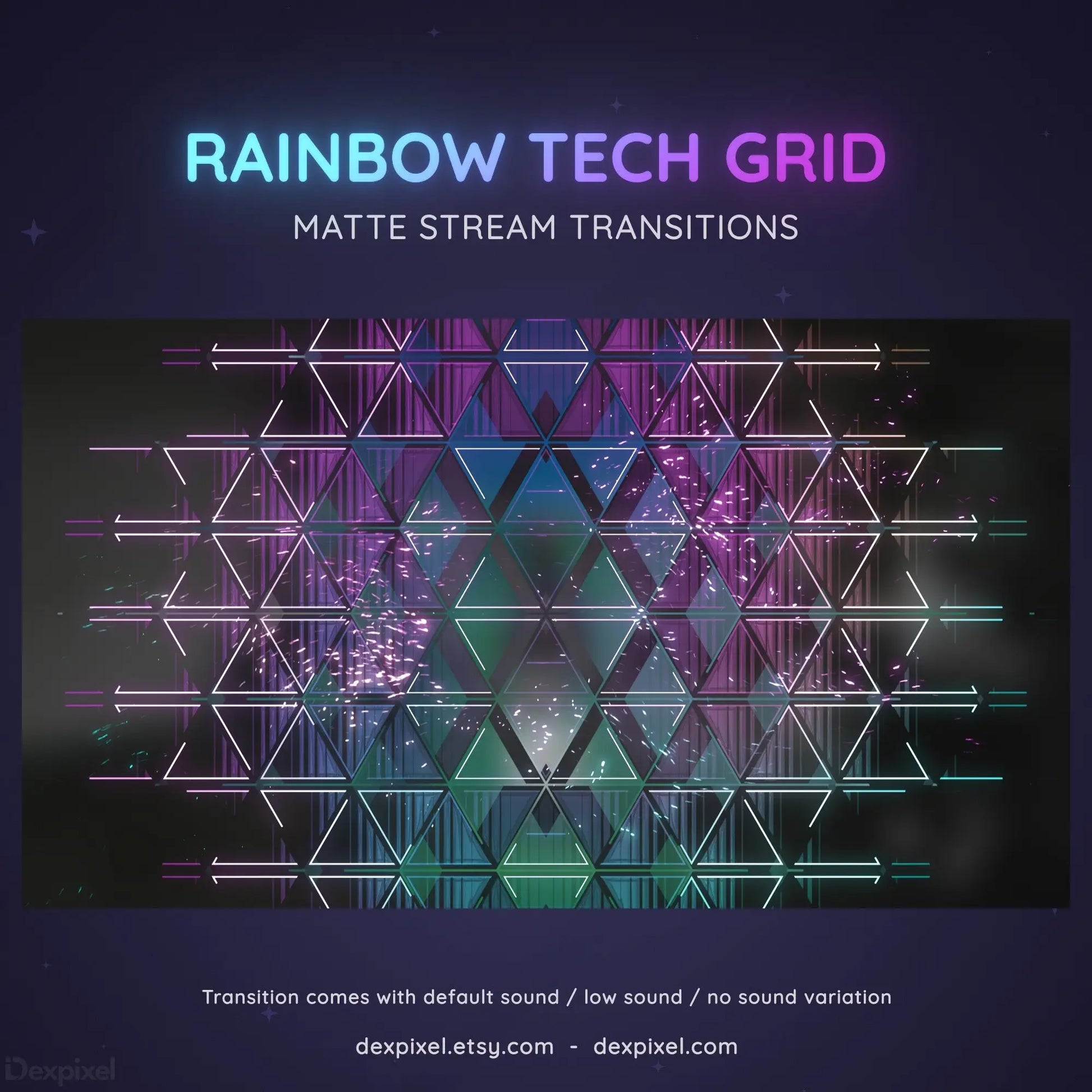 Geometric grid pattern with rainbow-colored neon lines and tech-style transitions.