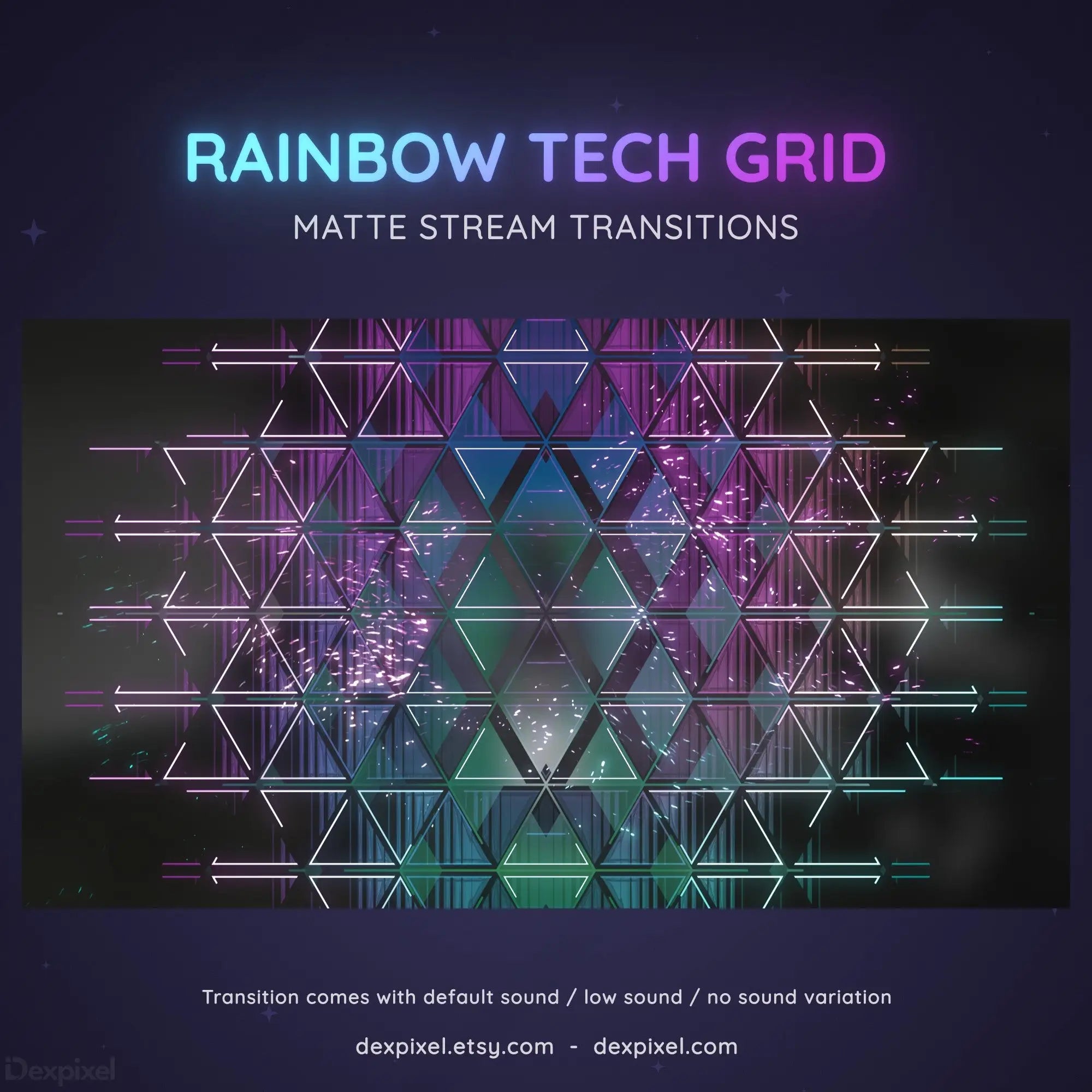 Geometric grid pattern with rainbow-colored neon lines and tech-style transitions.