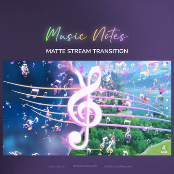 A glowing pink treble clef graphic with colorful musical notes floating around it.
