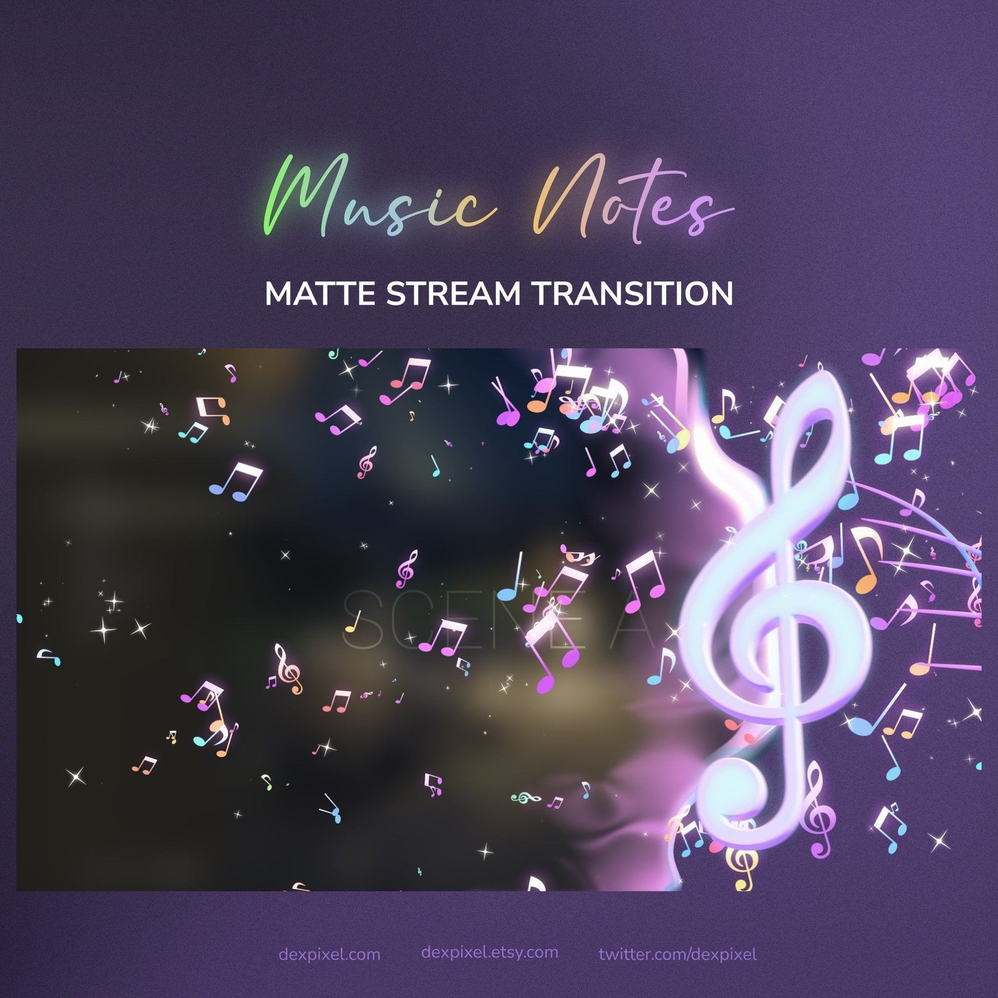 Glowing purple treble clef with sparkling, multicolored musical notes floating around it.