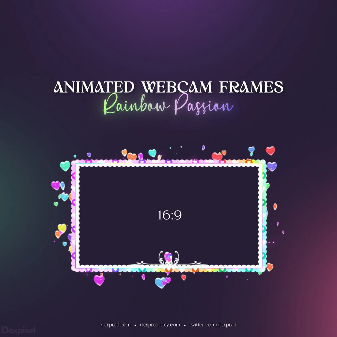 Stream overlay template with multiple frame layouts decorated with rainbow-colored flowers and a heart shape.