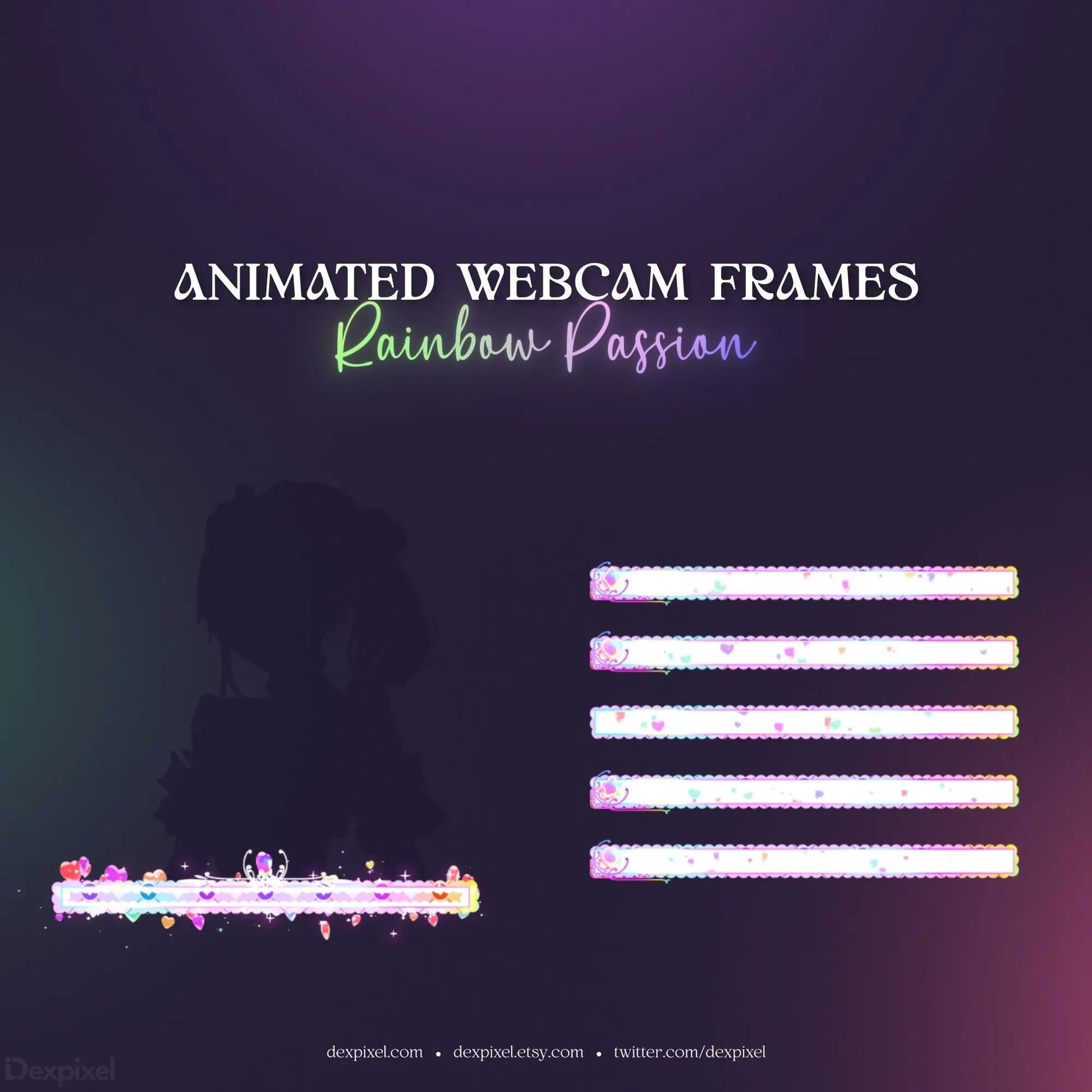 Animated webcam frame overlays with rainbow-colored glowing effects and sparkles.