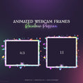 Animated webcam frames with rainbow-colored decorative borders and aspect ratio labels.