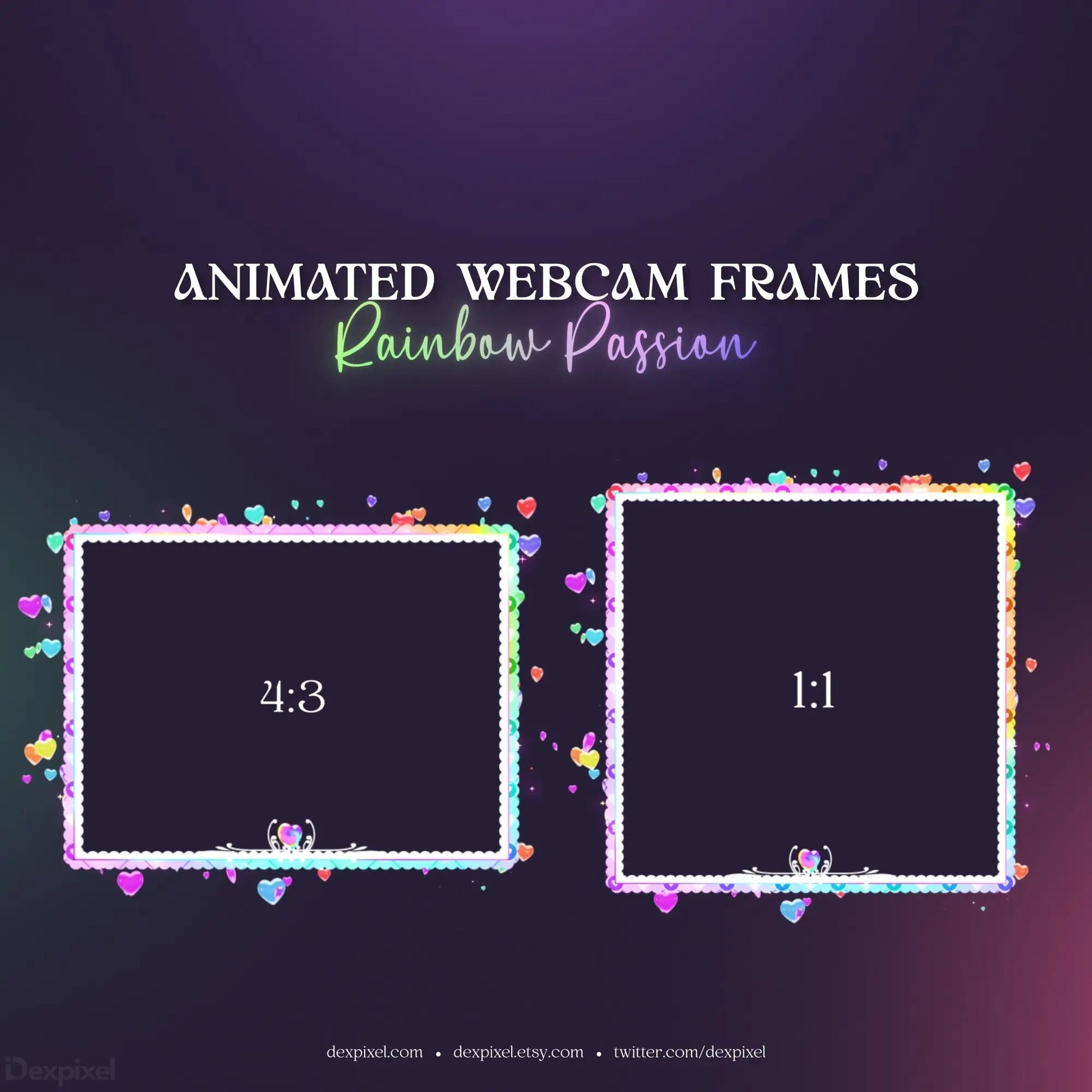 Animated webcam frames with rainbow-colored decorative borders and aspect ratio labels.