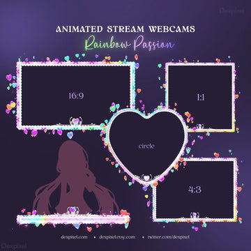 Stream overlay template with multiple frame layouts decorated with rainbow-colored flowers and a heart shape.