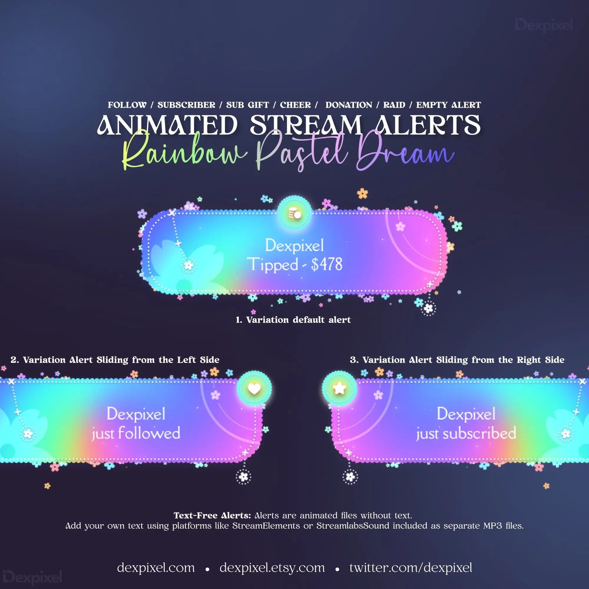 Rainbow pastel dream animated stream alerts with pastel gradients and sparkles