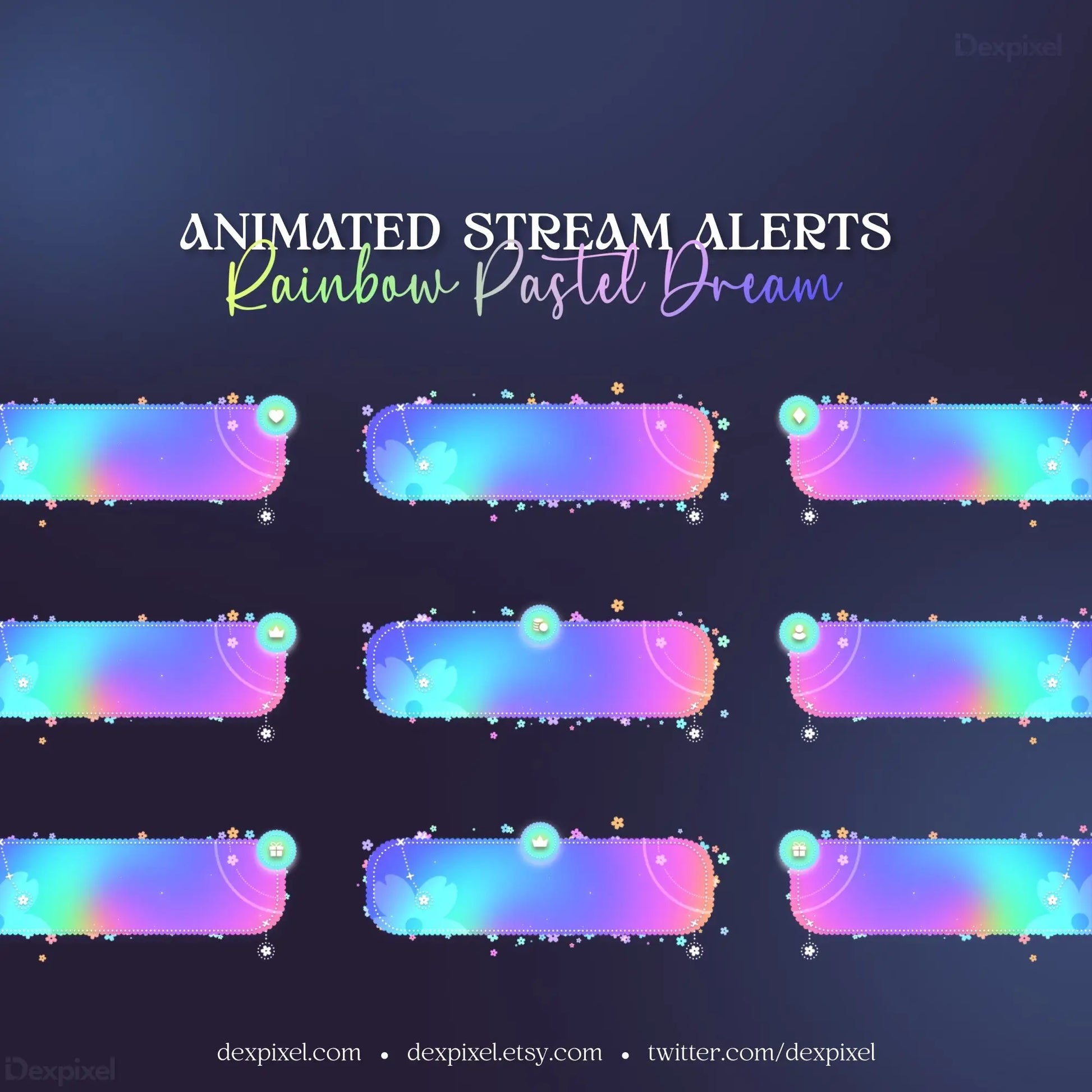 Rainbow Pastel Dream animated stream overlays with a dreamy gradient and sparkle accents