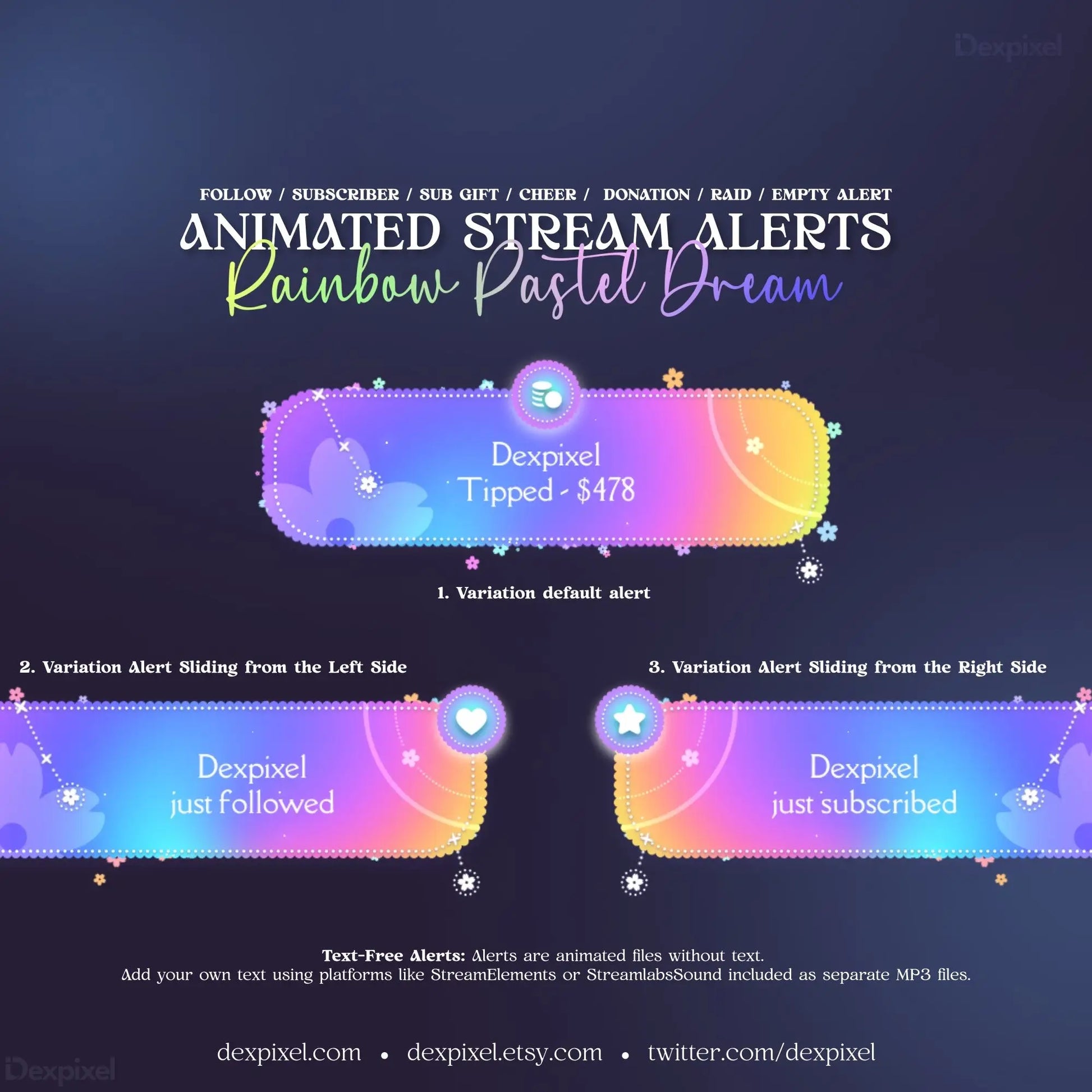 Animated Twitch stream alert overlays featuring Rainbow Pastel Dream design