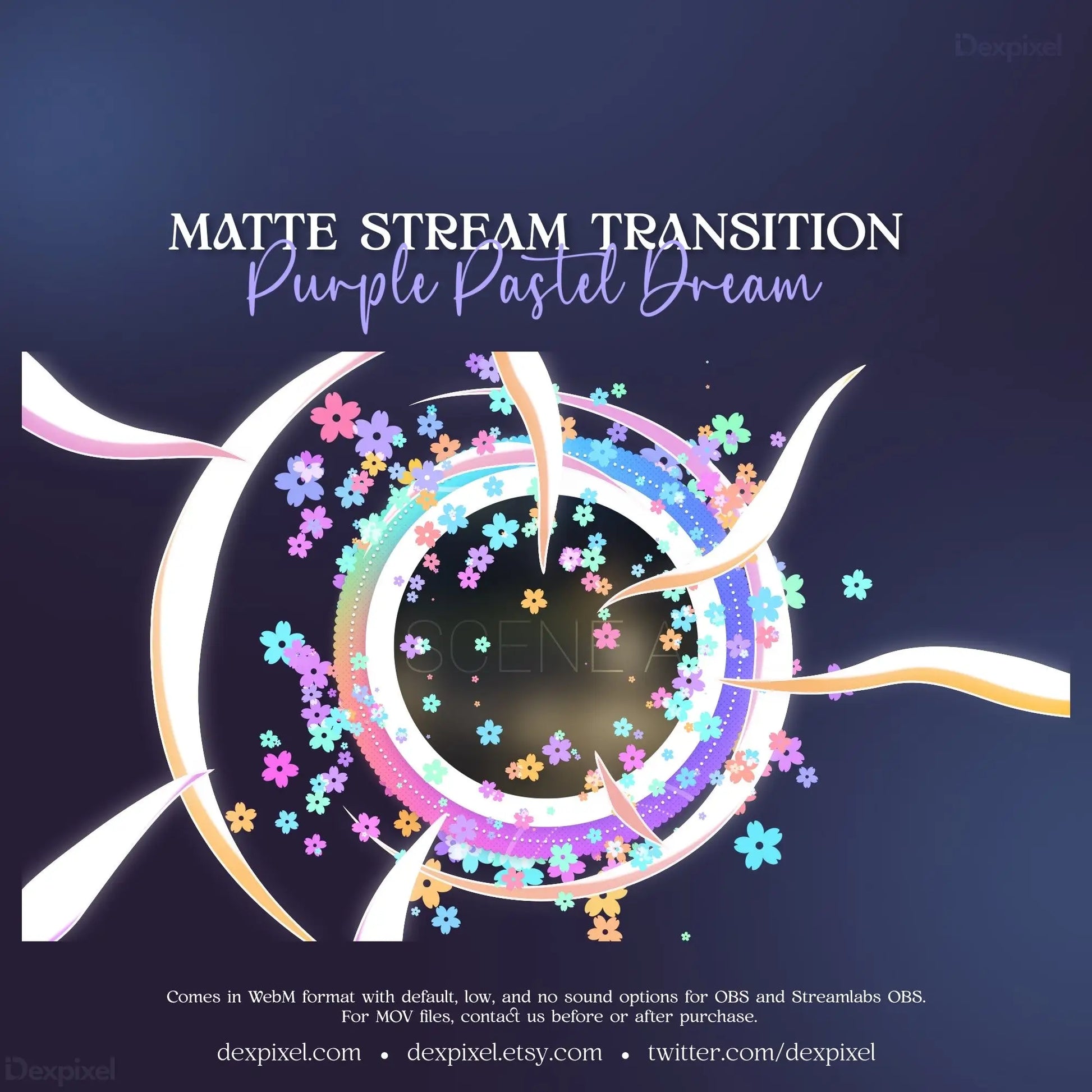 Circular stream transition effect with rainbow colorful dream flowers and ribbons