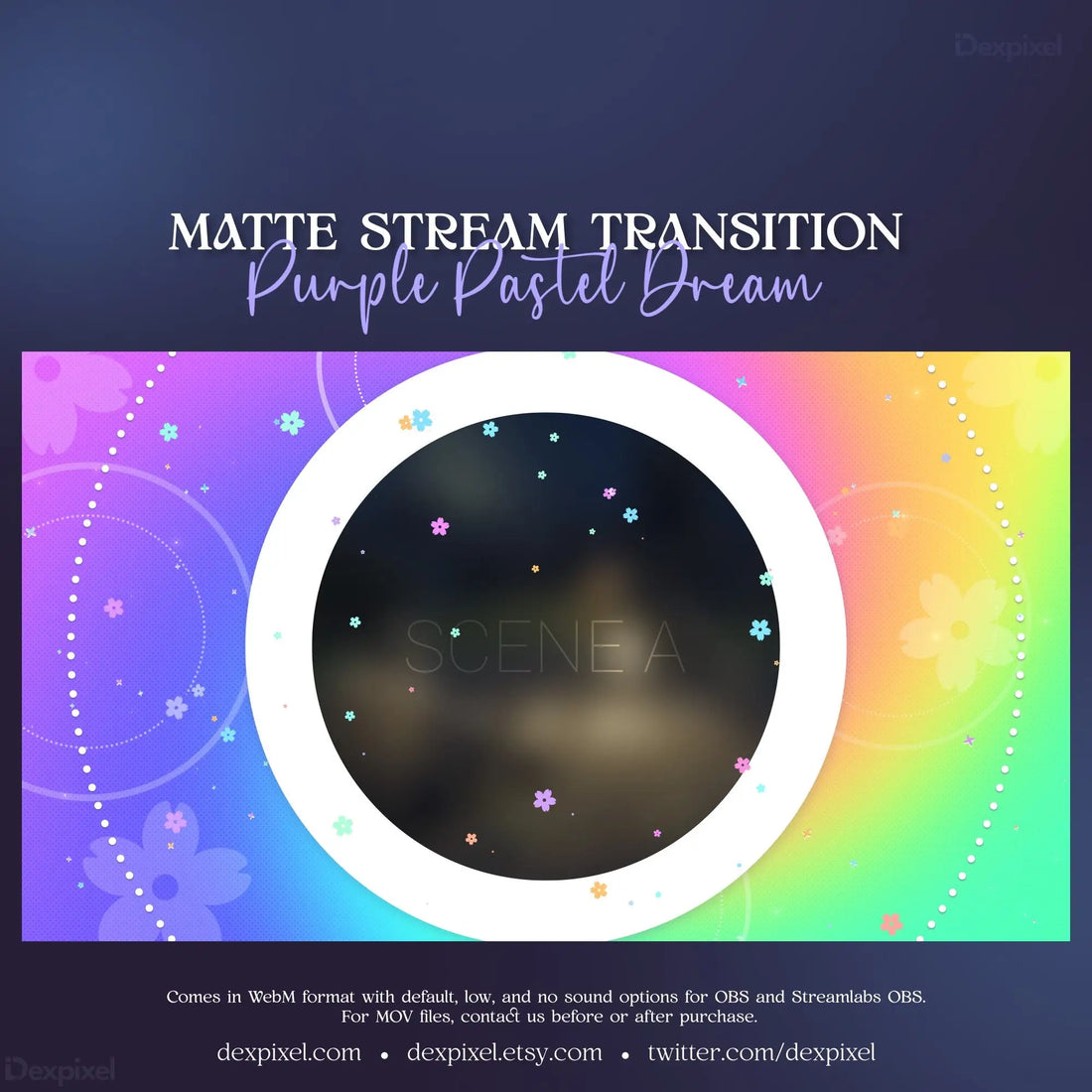 Circular stream transition effect with rainbow colorful dream flowers and ribbons