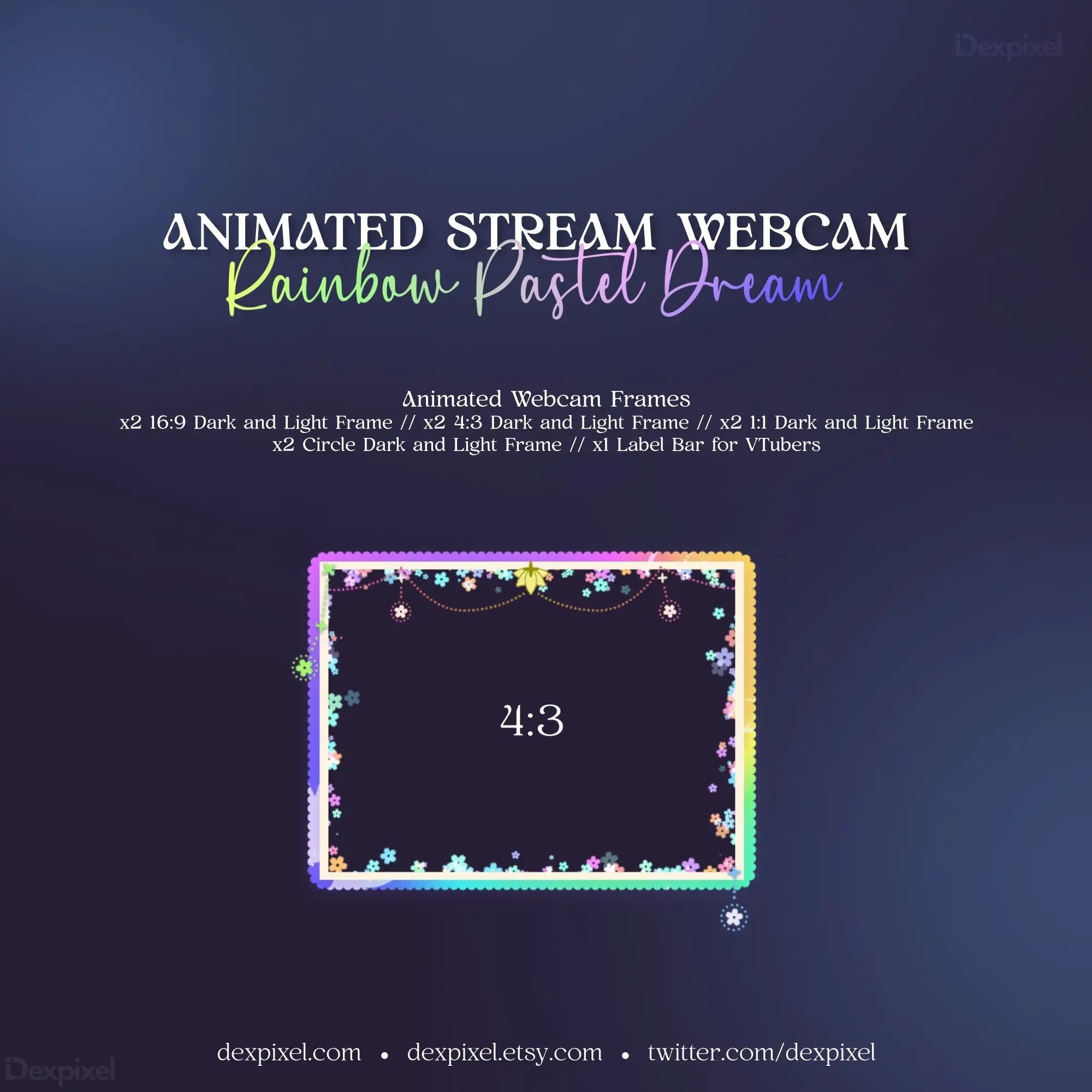 Rainbow Pastel Dream Webcam Frame featuring animated floral celestial design with stars