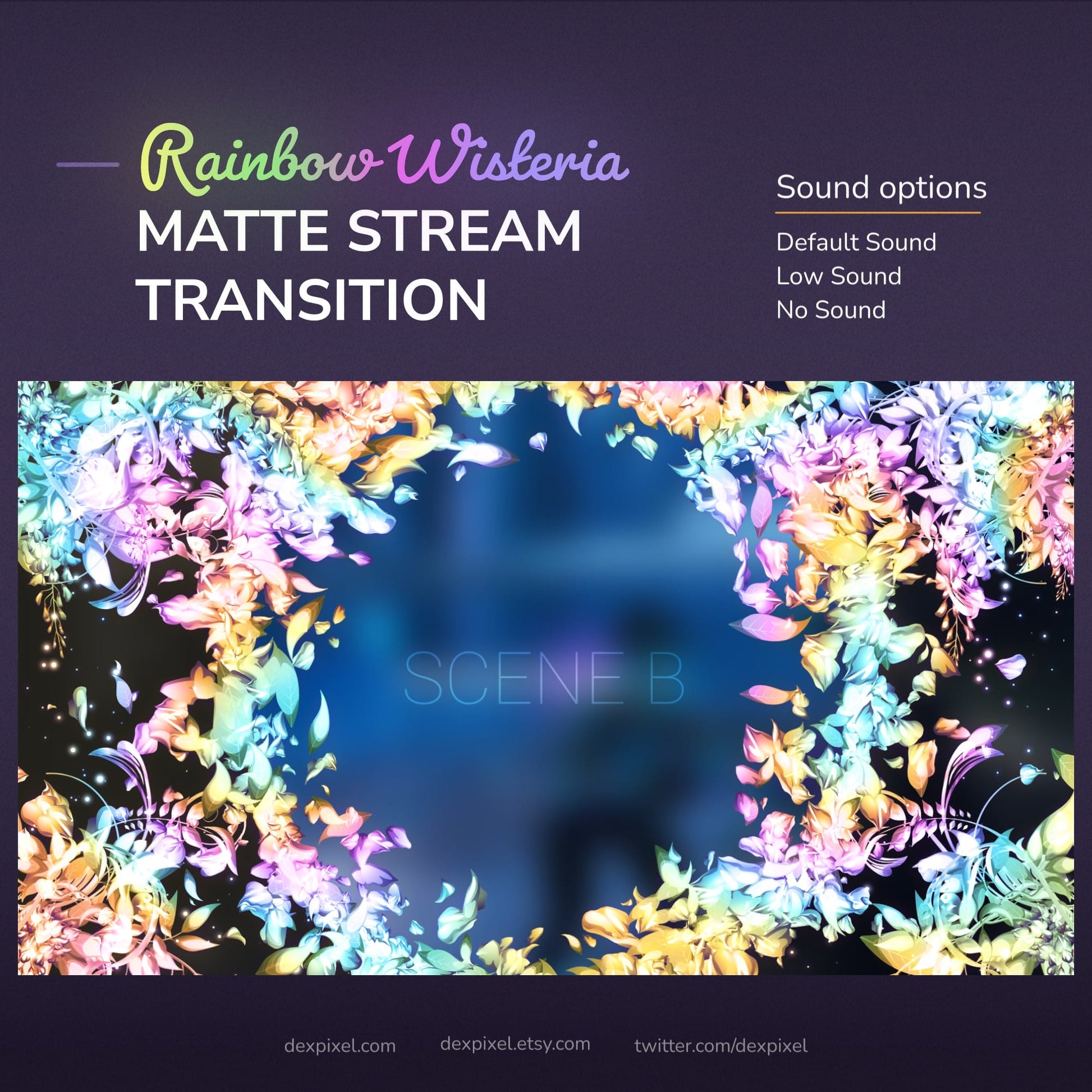 Colorful, flowing floral stream transition with sound options.