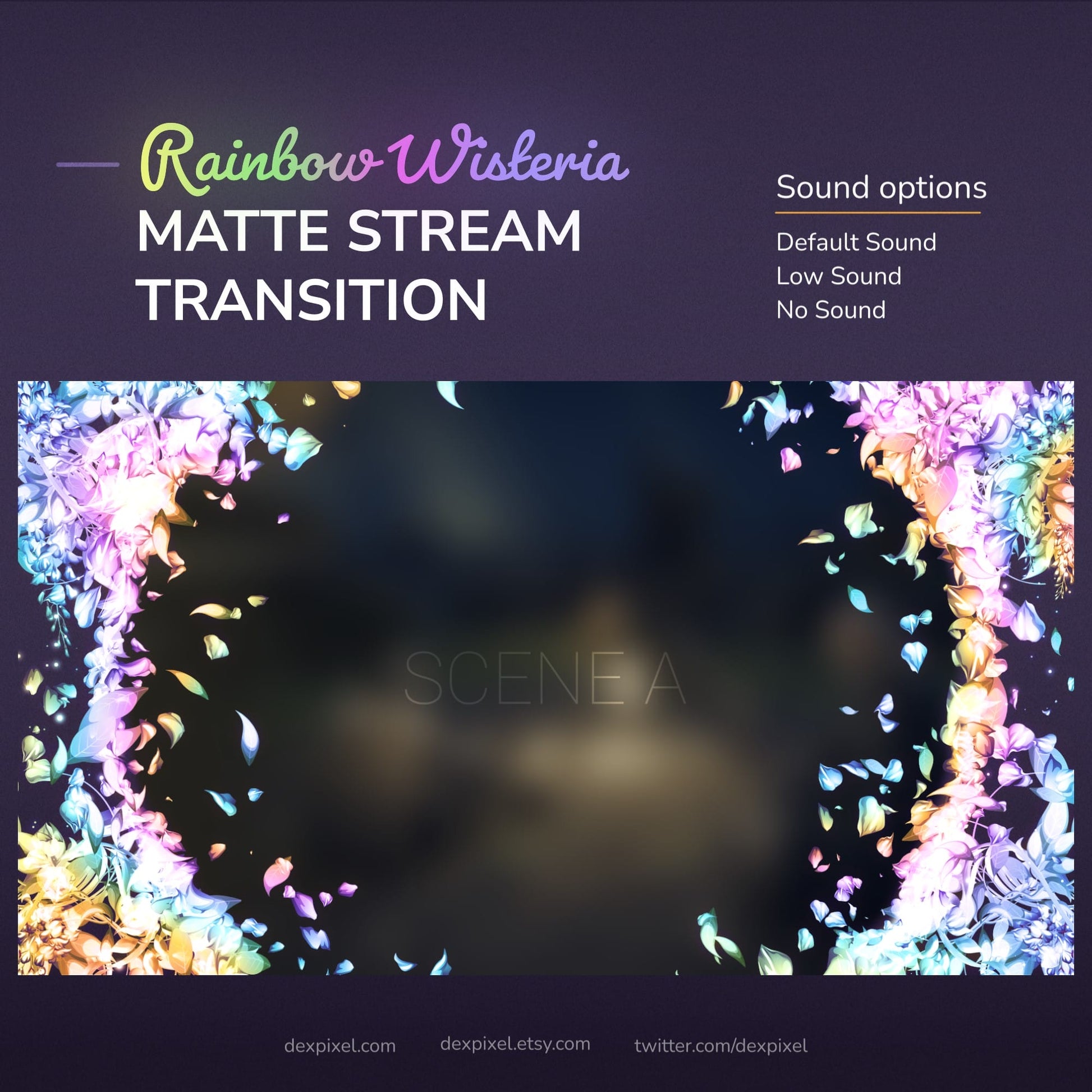 A digital ’Rainbow Wisteria’ matte stream transition with sound options.