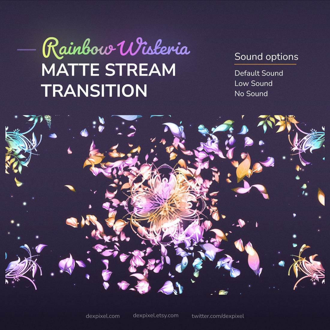 A digital stream transition with rainbow wisteria petals and sound options.