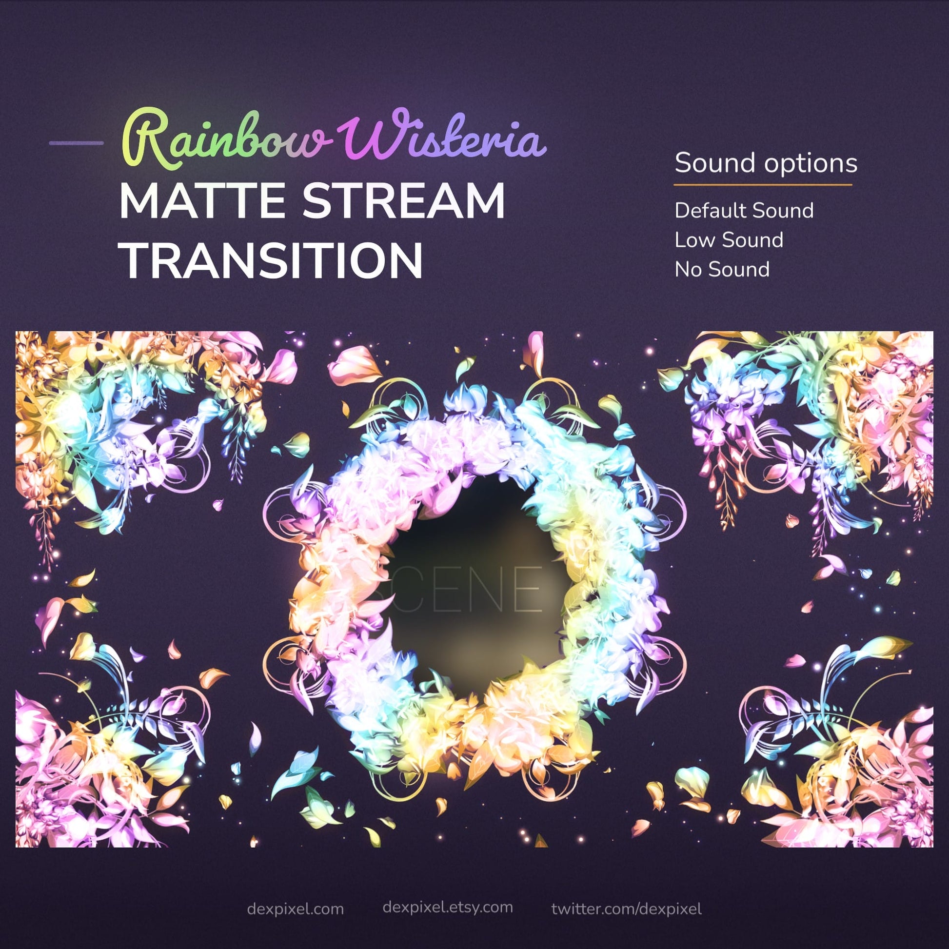 Digital graphic for a ’Rainbow Wisteria Matte Stream Transition’ with sound options.