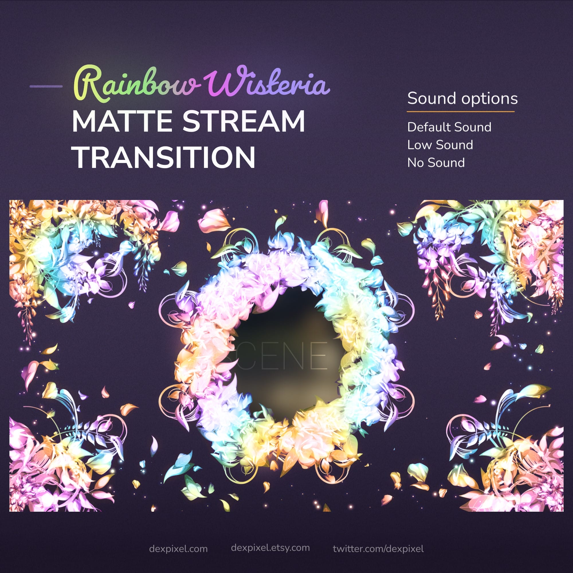 Digital graphic for a ’Rainbow Wisteria Matte Stream Transition’ with sound options.