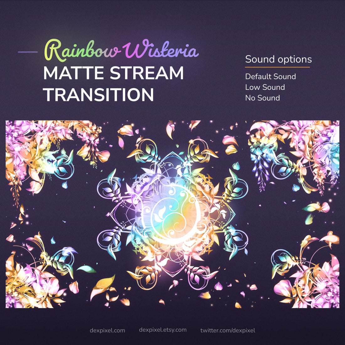 A digital stream transition with rainbow wisteria petals and sound options.