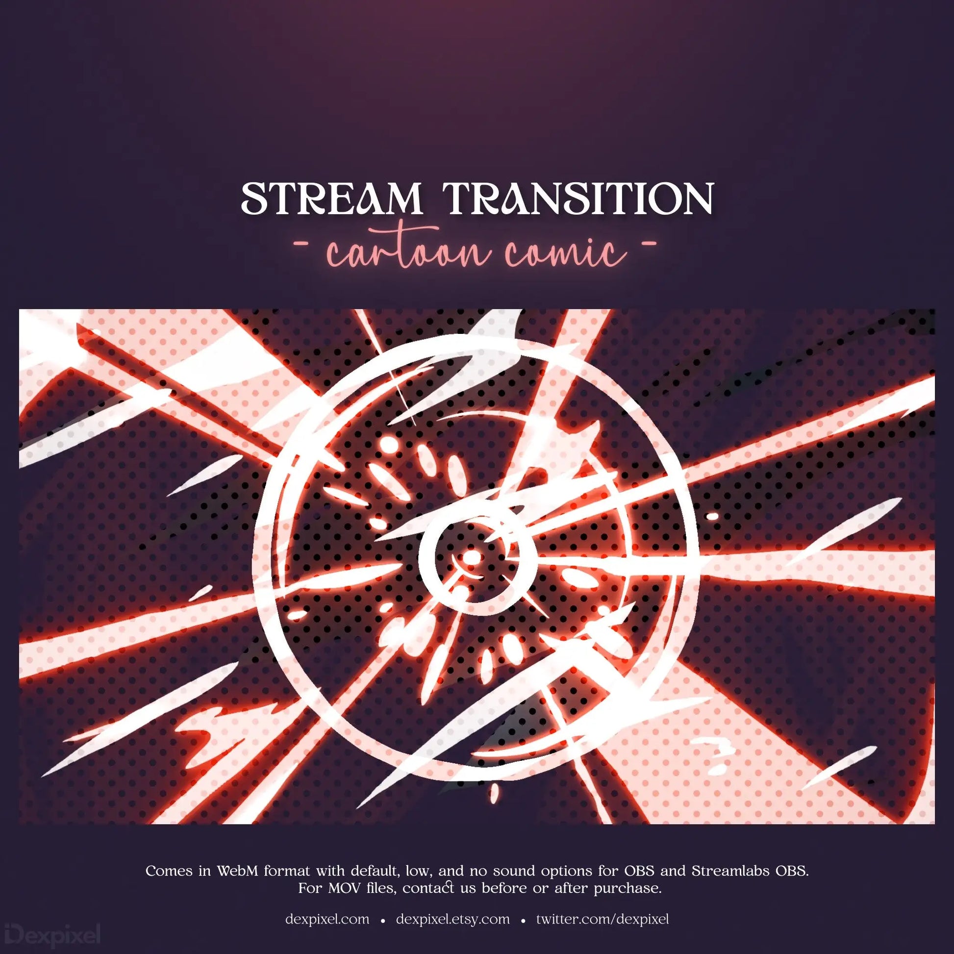 A circular stream transition graphic with radiating white arrows and red accents.