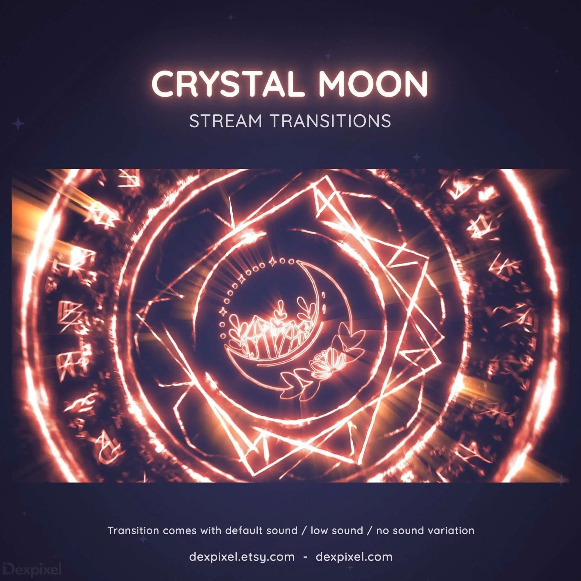 Glowing orange spiral design with geometric patterns and crystalline shapes forming a stream transition animation.