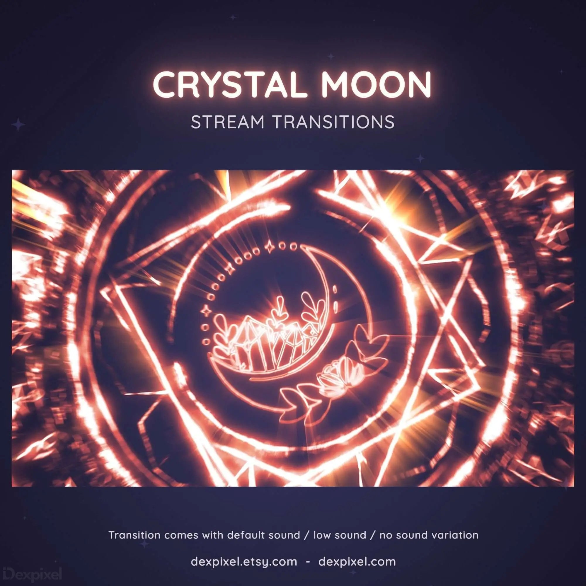 Glowing pink spiral animation transition effect with ’Crystal Moon’ text and floral elements.