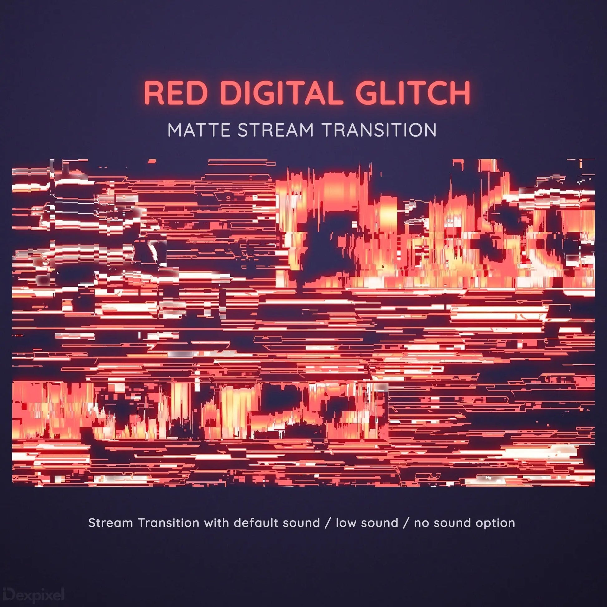 Red digital glitch effect with horizontal distortion lines and pixelated fragments.