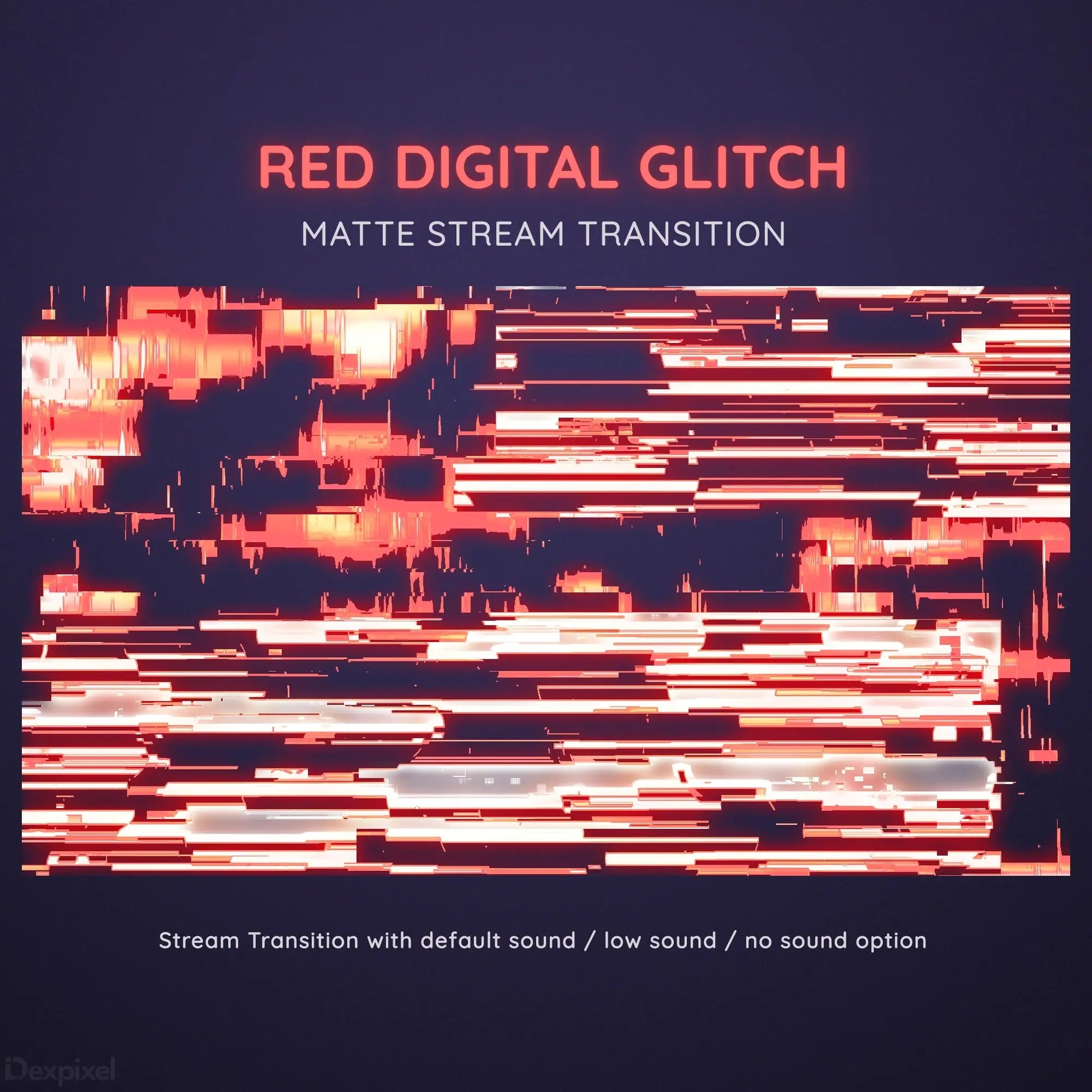 Red digital glitch effect with horizontal distorted lines and pixelated elements.