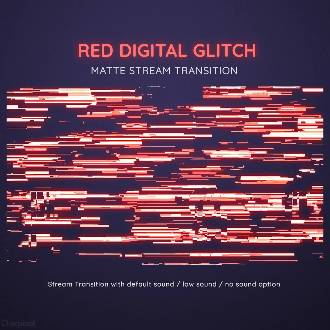 Red digital glitch effect with horizontal distortion lines and pixelated fragments.