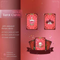 Red tarot cards featuring mystical designs of a potion bottle, moth, and skull.