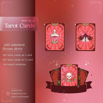 Red tarot cards featuring mystical designs of a potion bottle, moth, and skull.