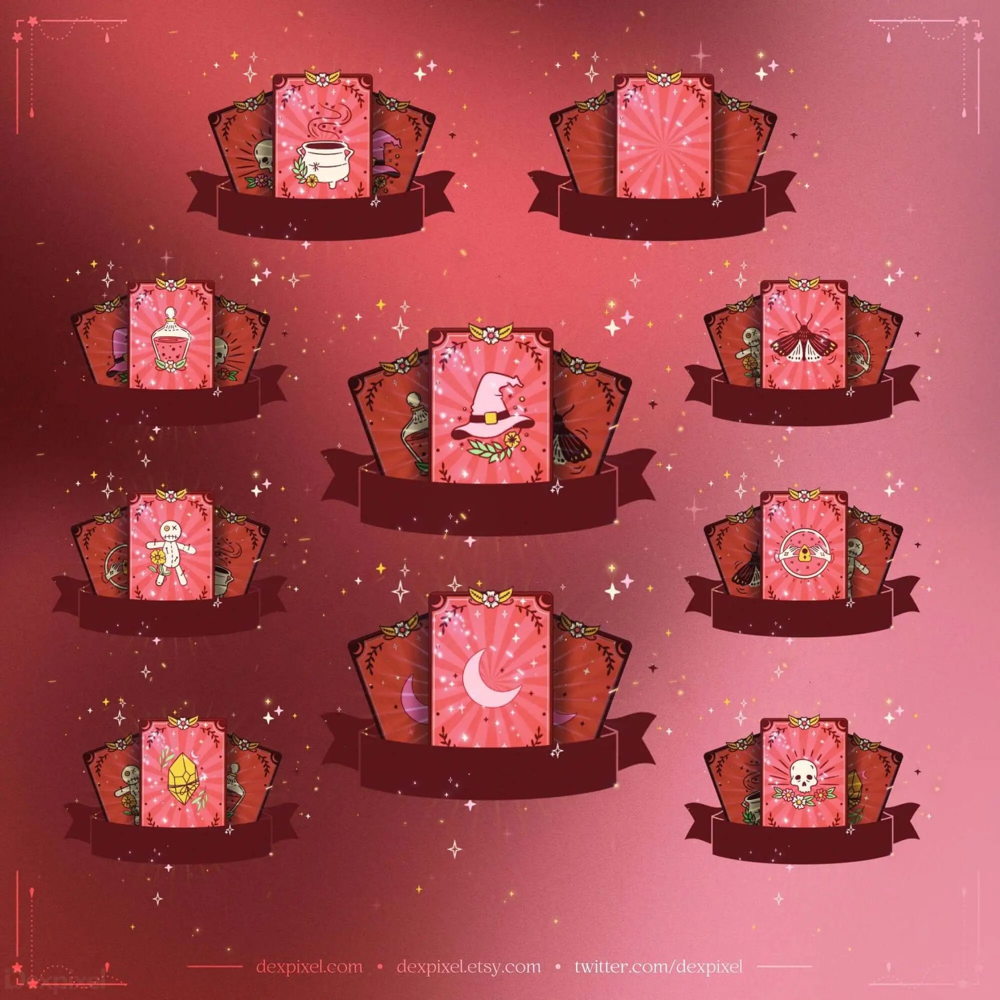 Collection of decorative red and brown banners with cute Halloween-themed icons and symbols.