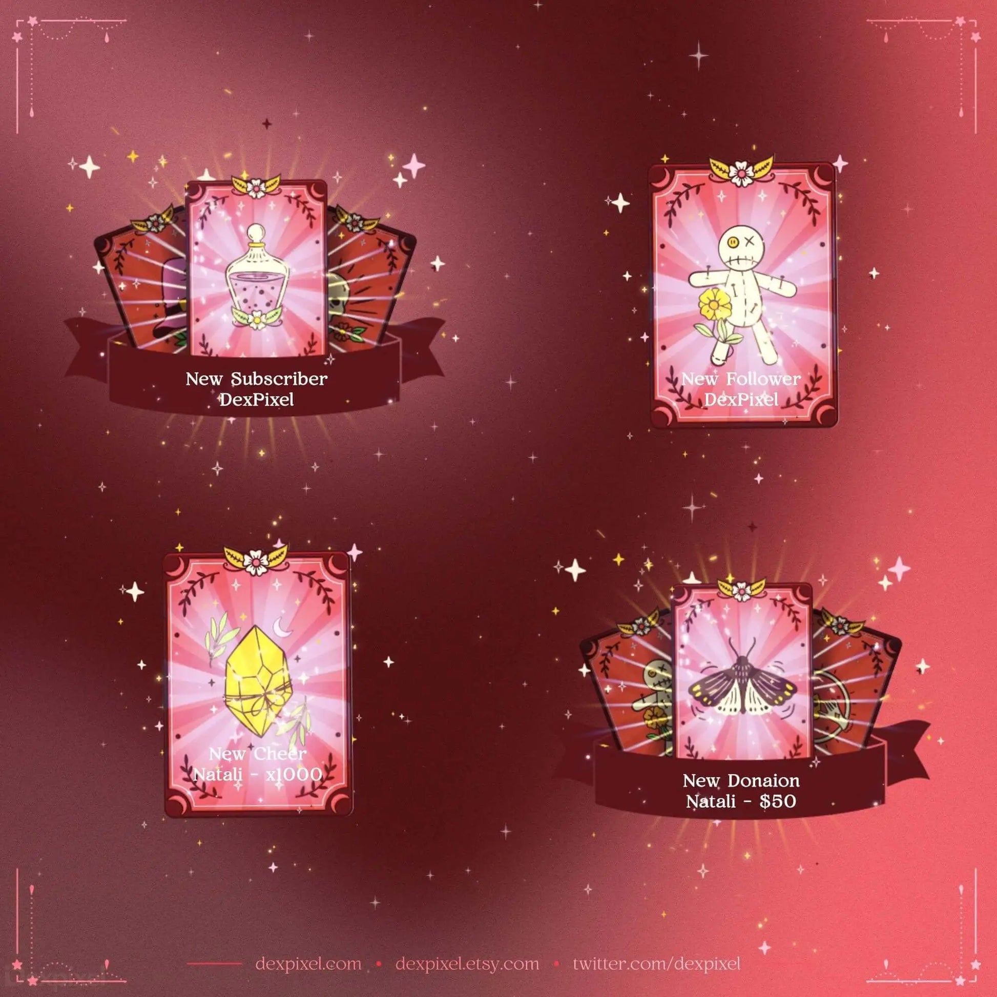 Four decorative pink cards with sparkly borders and fantasy-themed illustrations arranged in a diamond pattern.