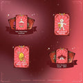 Four decorative pink and brown cards with mystical symbols and designs arranged in a diamond pattern.