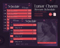 Stream schedule layout with pink/coral colored panels against a dark background.