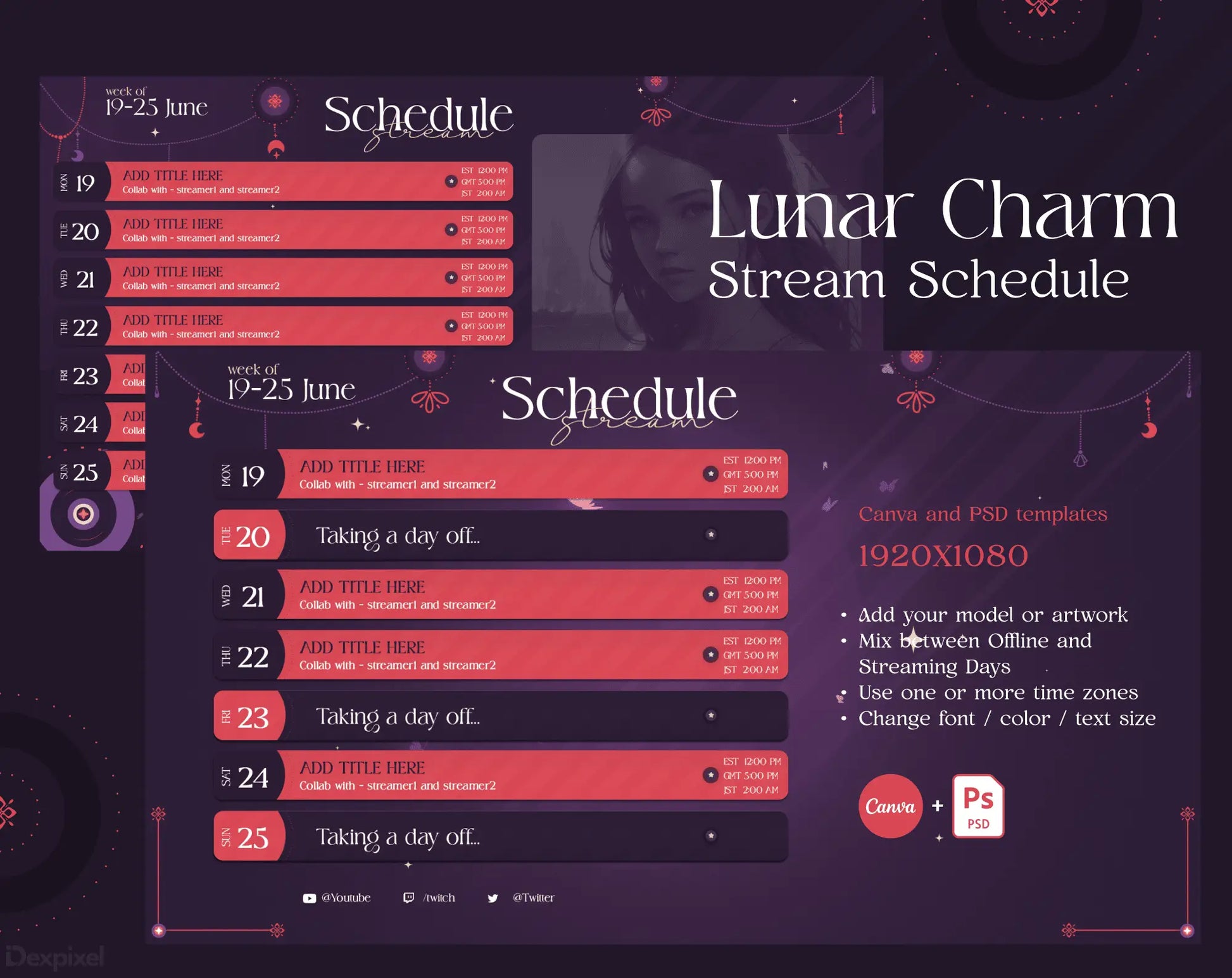 Stream schedule layout with a ’Lunar Charm’ theme featuring pink and purple colors.