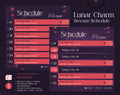 Streaming schedule layout with dates and time slots displayed in pink/red boxes against a dark purple background.