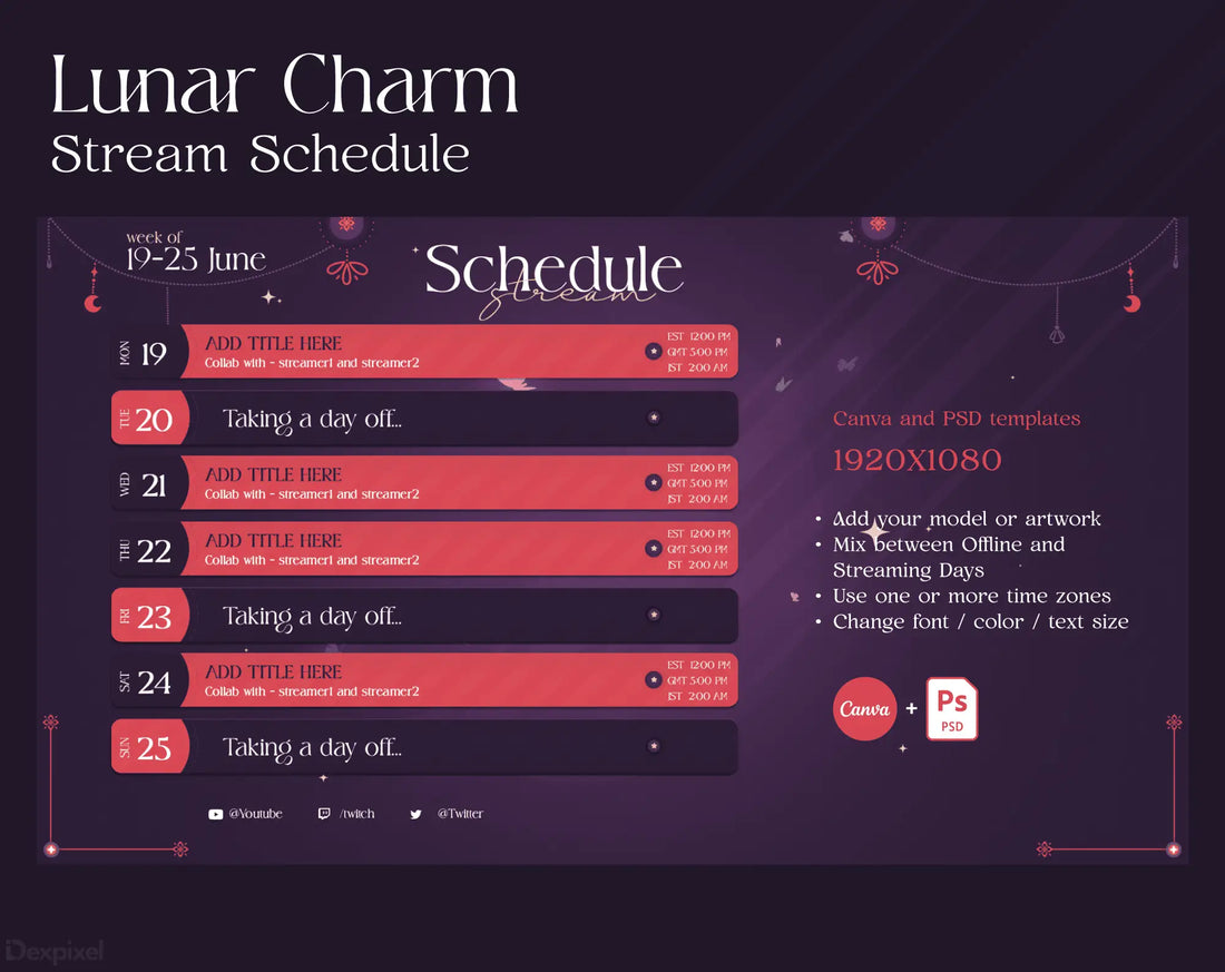 Stream schedule layout with dates from June 19-25 showing ’taking a day off’ entries.