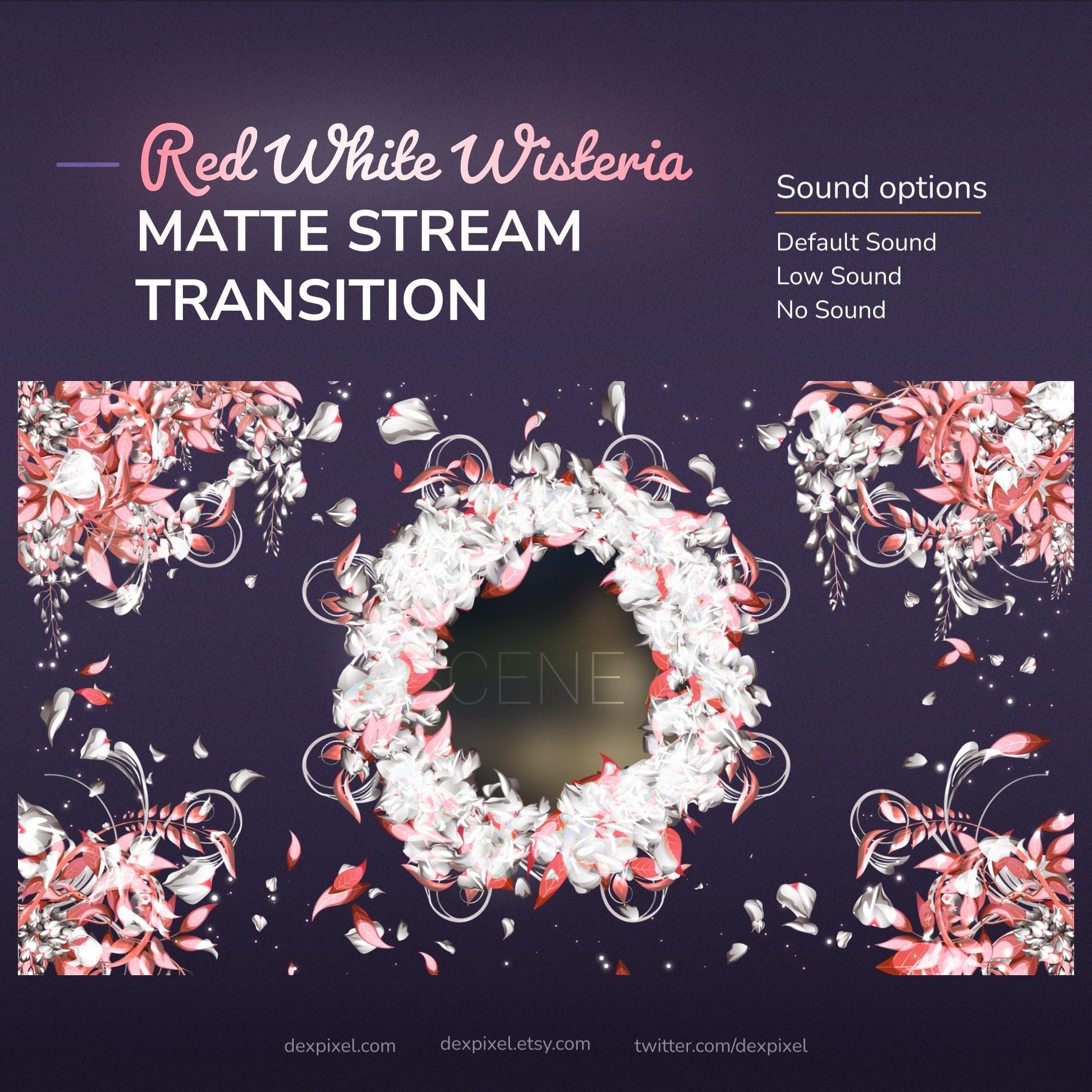 Digital stream transition with red and white wisteria petals.