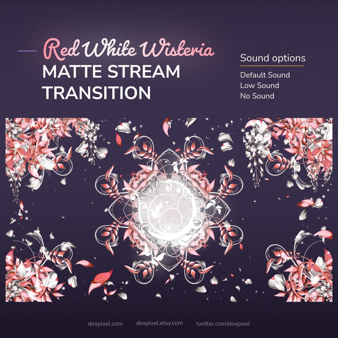 Digital stream transition featuring falling red and white wisteria petals.