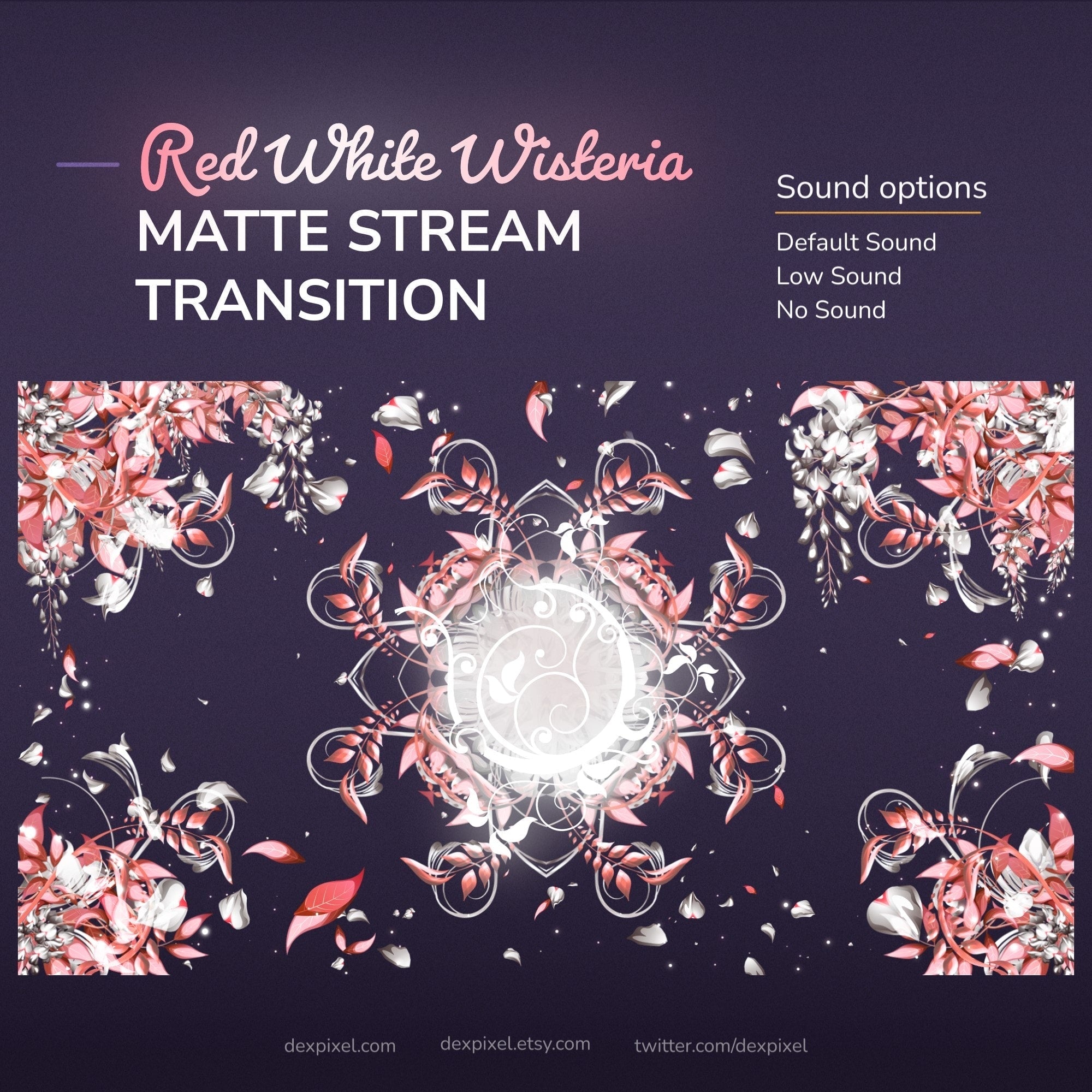 A digital stream transition featuring red and white wisteria flowers and a central glowing mandala, with sound options.