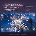 A digital transition effect featuring falling red and white wisteria petals.