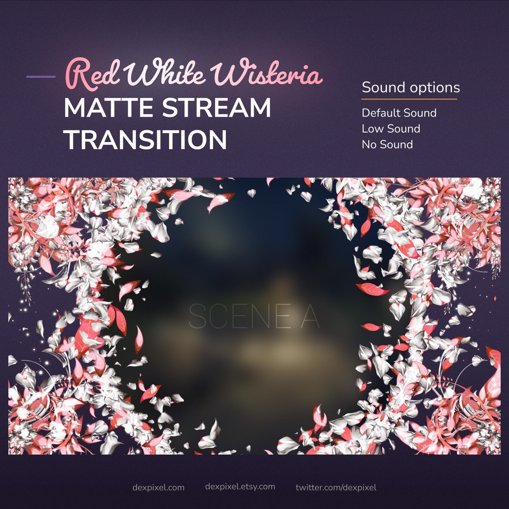 A graphic design for a stream transition featuring falling red and white wisteria petals with sound options.