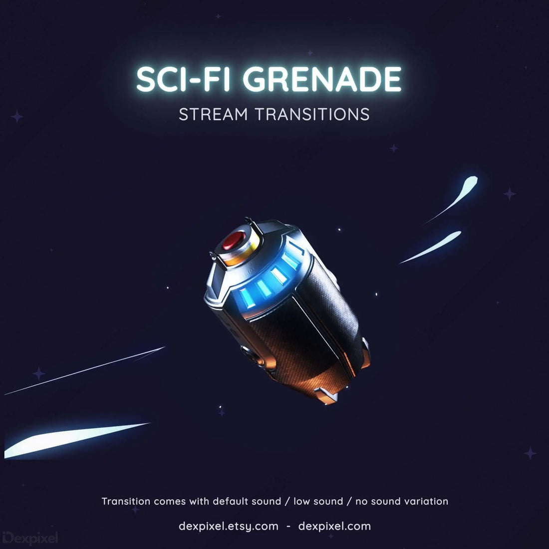 Sci-Fi grenade stream transition graphic with dynamic design and customizable sound options for Twitch and YouTube.