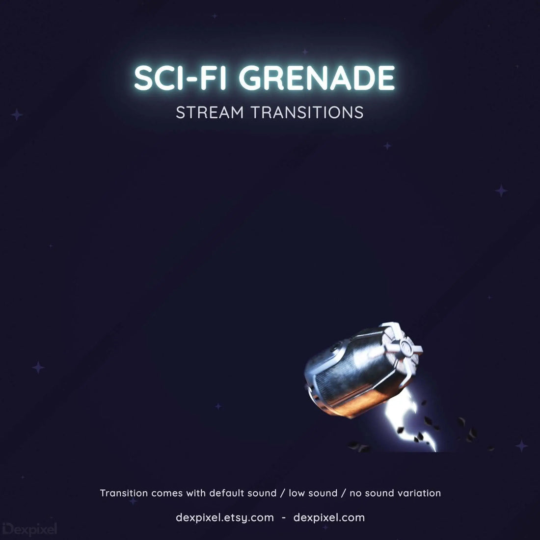 Sci-Fi grenade stream transition graphic with dynamic design and customizable sound options for Twitch and YouTube.