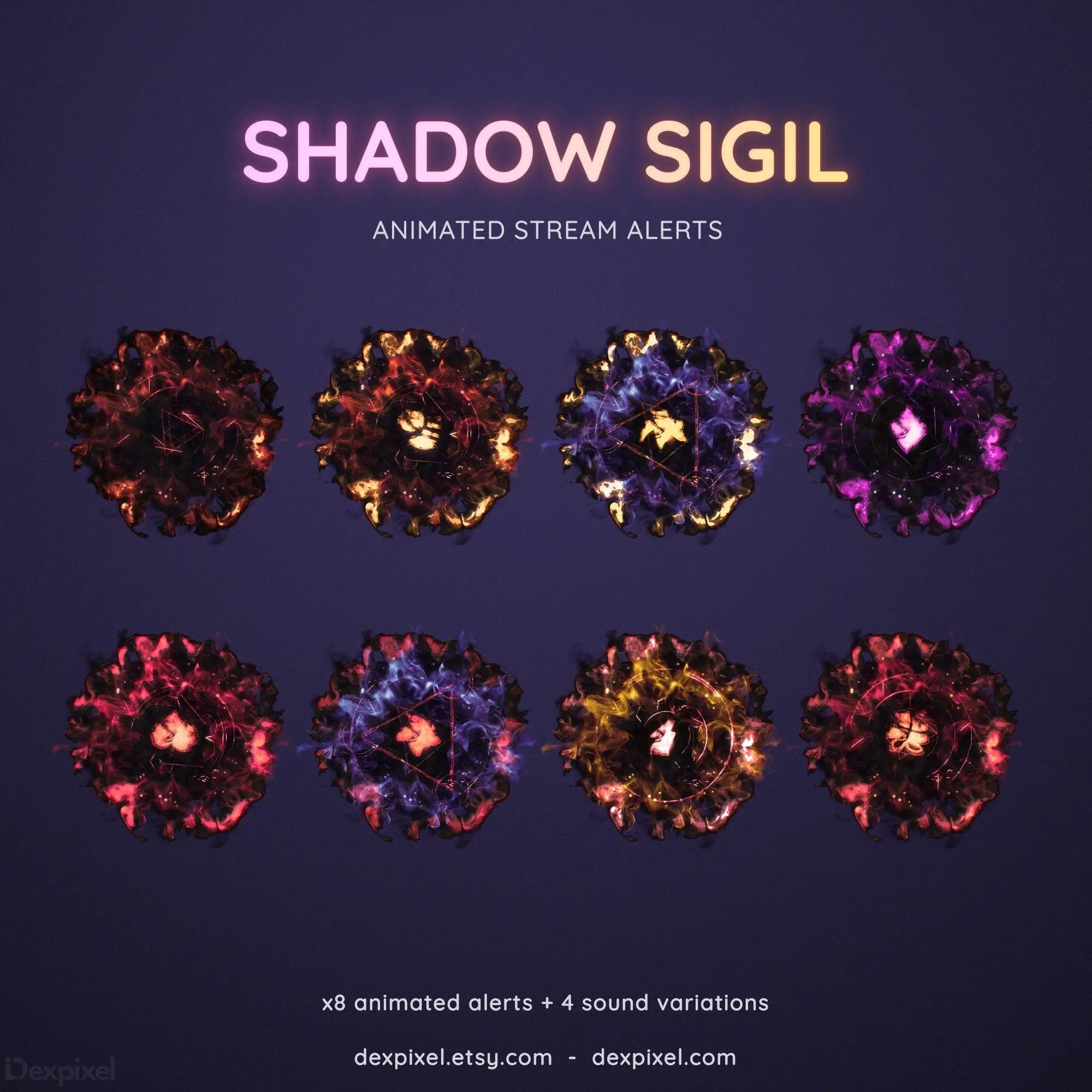 Eight circular mystical sigils with intricate crystalline patterns in red, purple, and gold tones.