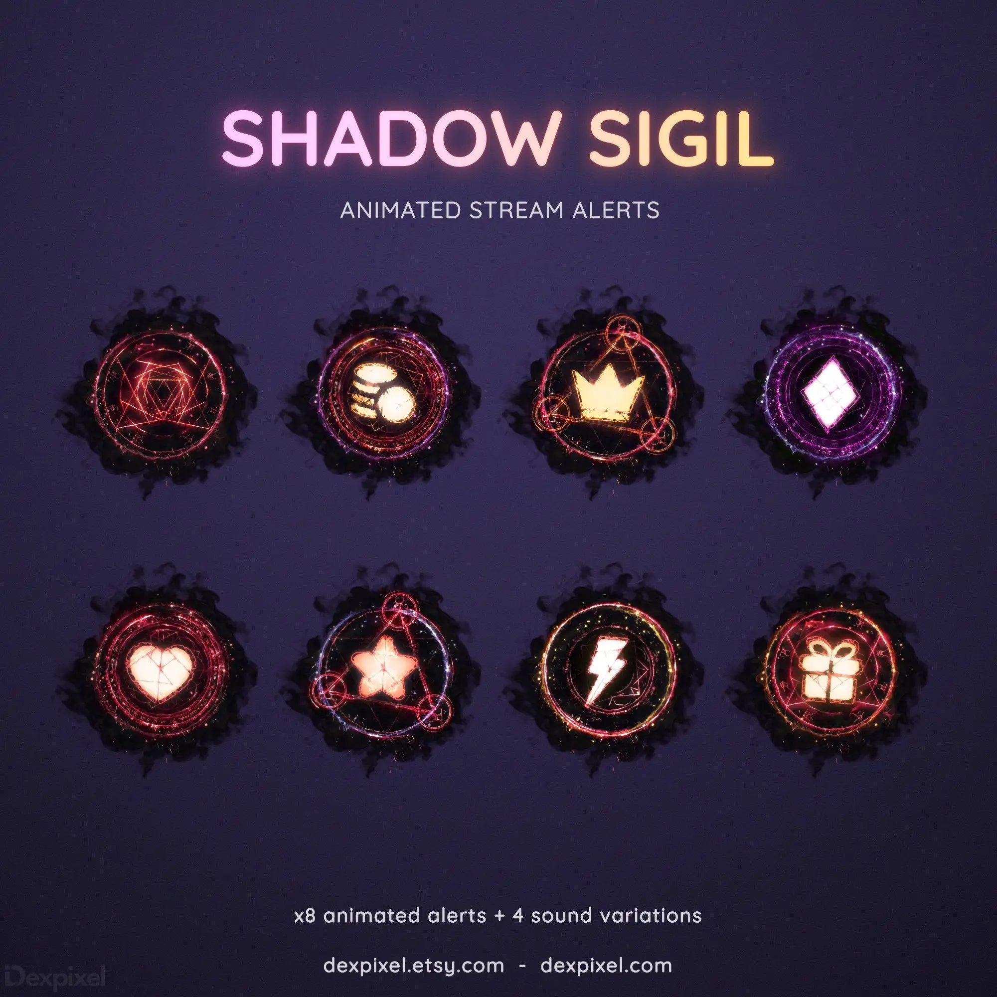 Set of eight circular mystical sigils with glowing red and purple magical effects for streaming alerts.
