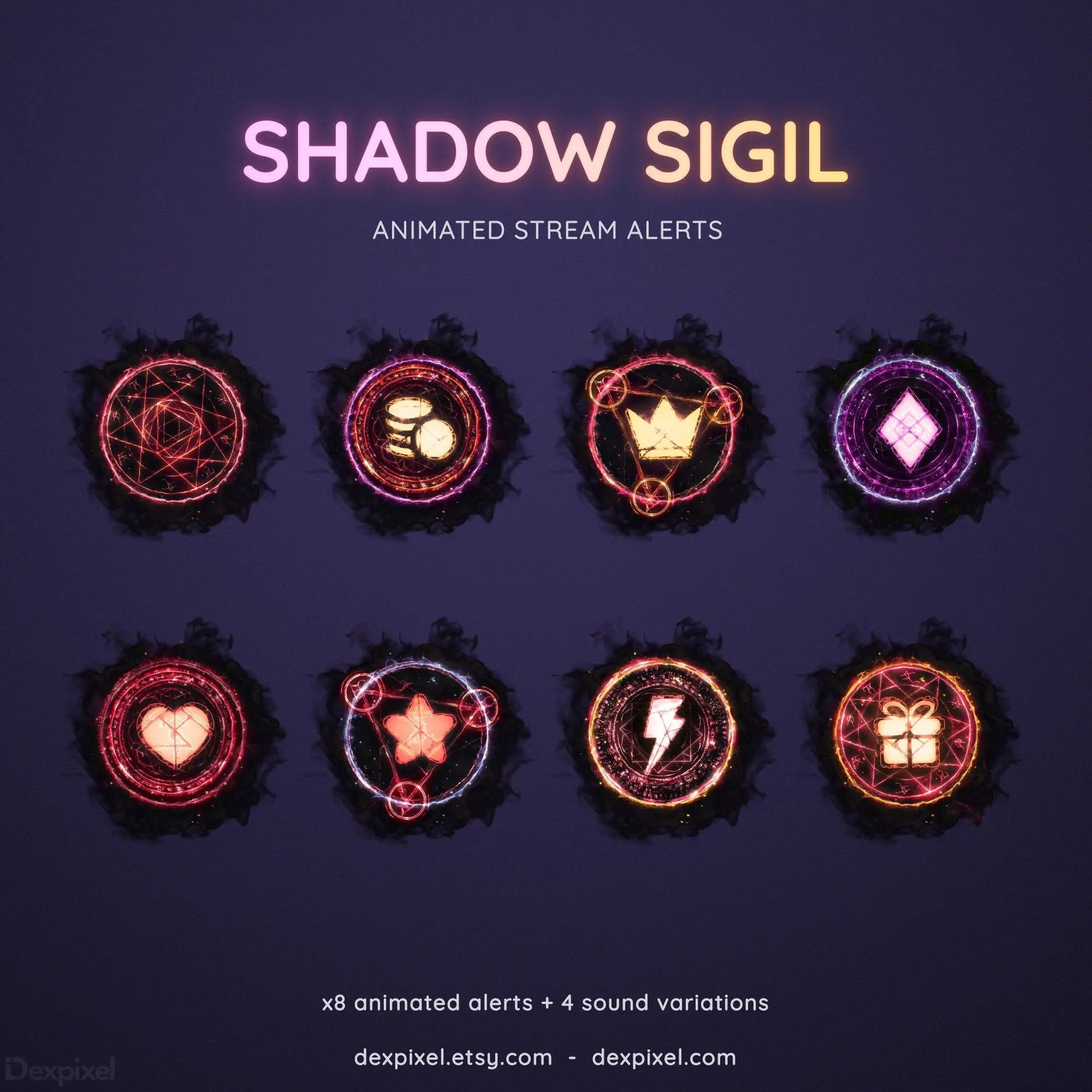 Set of eight mystical circular stream alert icons with glowing red and purple magical symbols.