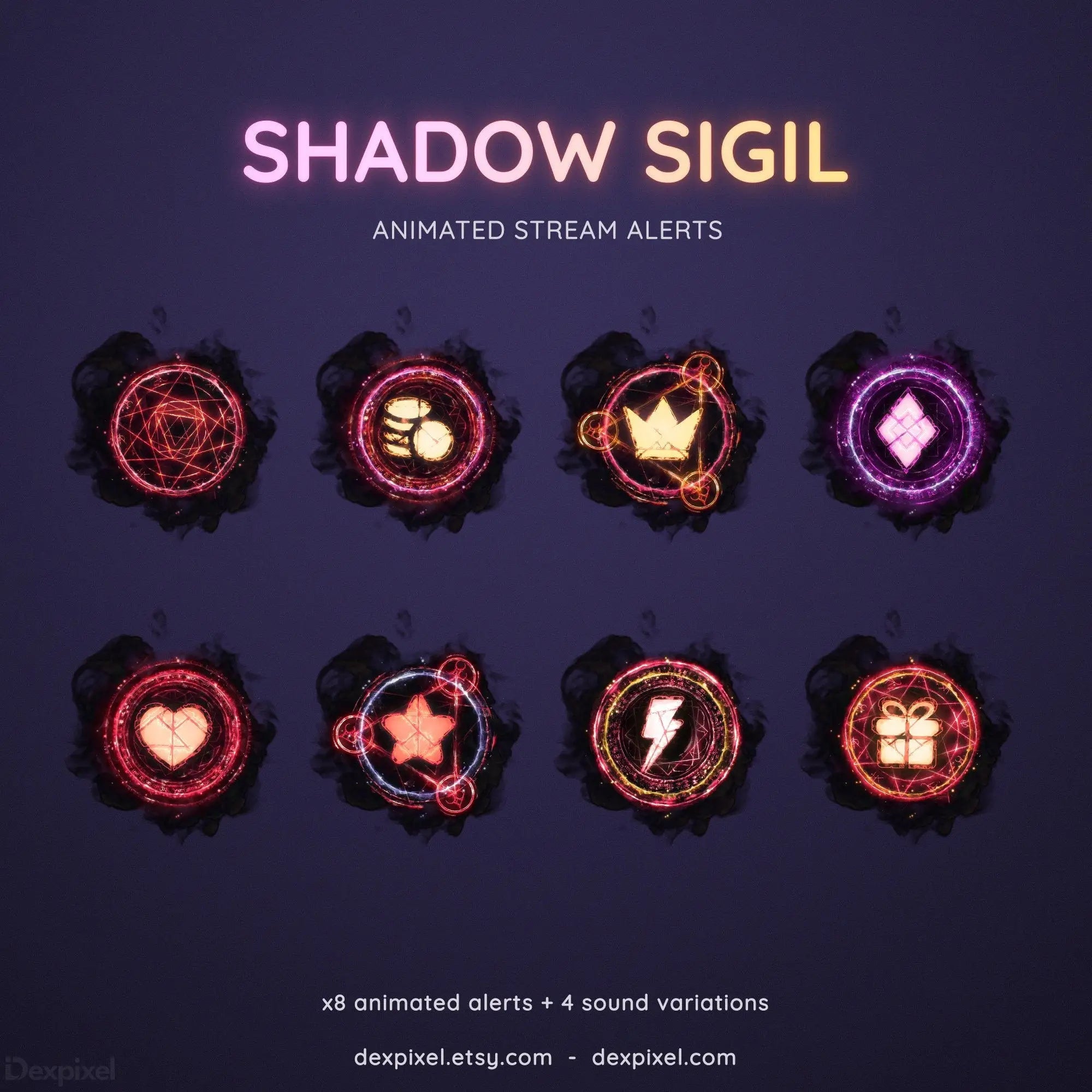 Set of mystical circular stream alert icons with glowing red and purple magical sigil designs.